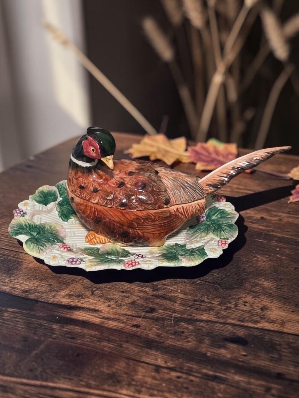 Fitz and Floyd Pheasant Figural Sauce Boat with Lid, Ladle, Underplate EUC